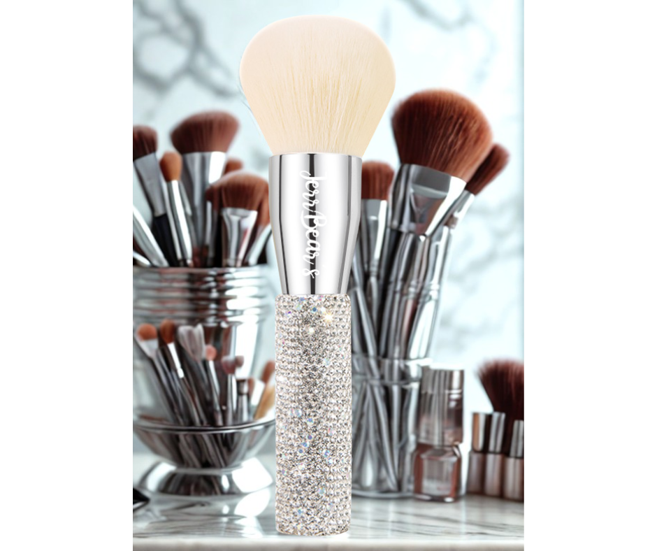 JerrBear's Luxe Crystal Dusting Powder Brush with Sparkling Crystal Handle & Soft Bristles for Powder Application - Oval Design